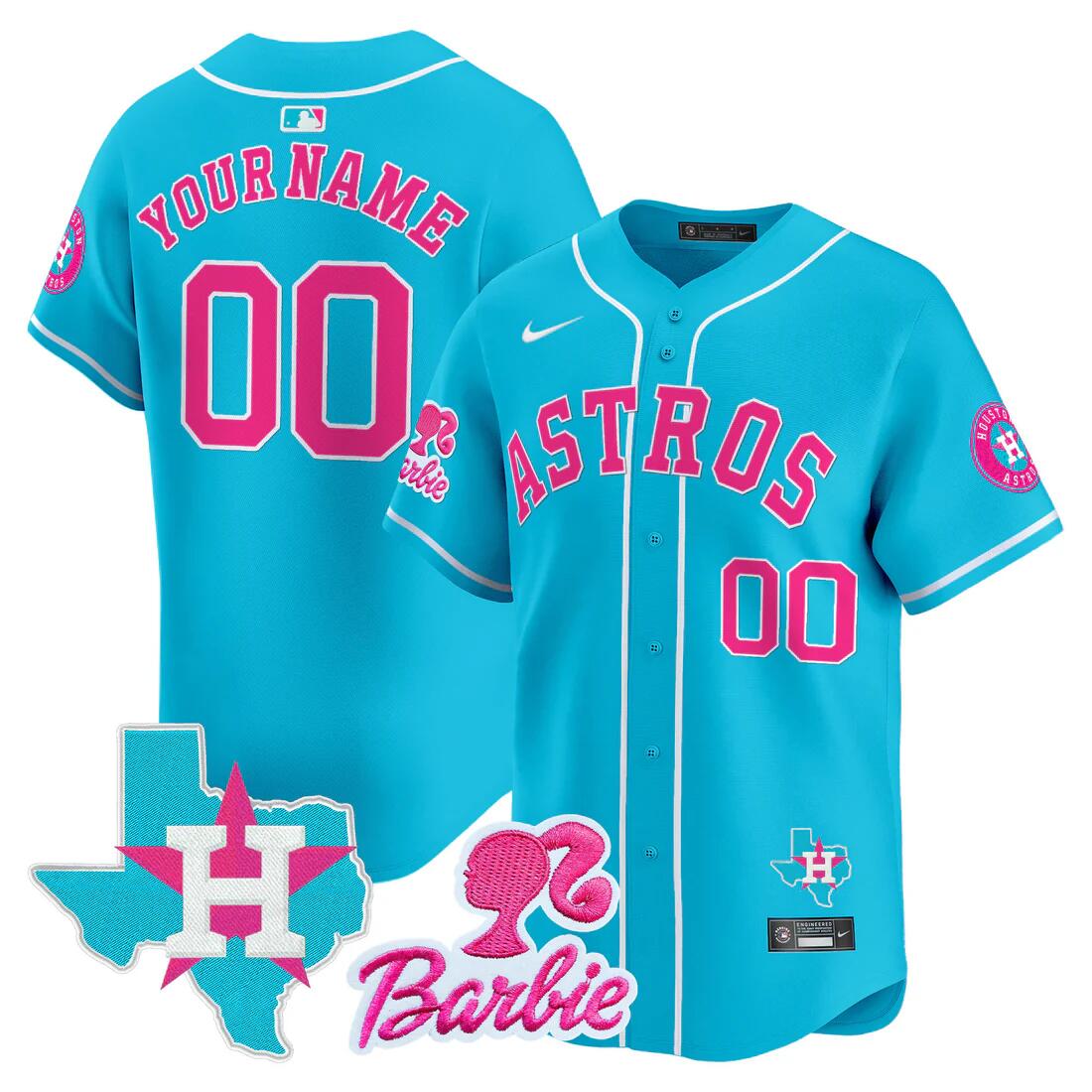 Men's Houston Astros ACTIVE PLAYER Custom Light Blue Barbie Patch Vapor Premier Limited Cool Base Stitched Baseball Jersey